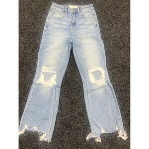 Risen Jeans High Rise Distressed Straight Leg Light Wash Raw Hem RDP5002  1/25